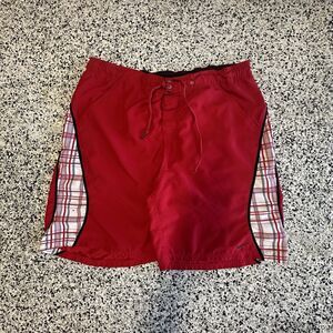 Vintage Nike Board Shorts Men's XL Swim Trunks Center Swoosh Surf Plaid Red 00s